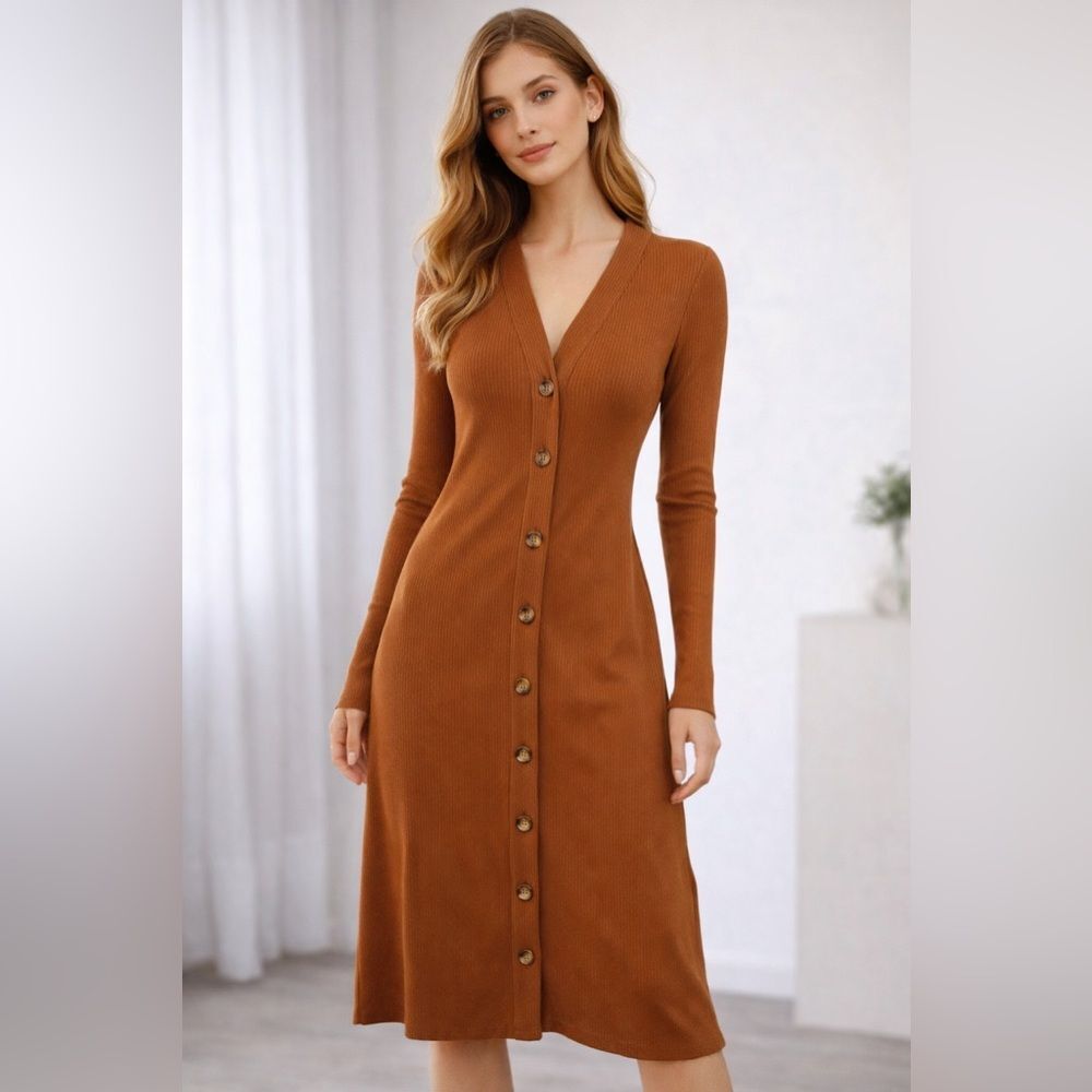 Japna Ribbed Knit Button-Front Midi Dress – Rust Brown | Size S